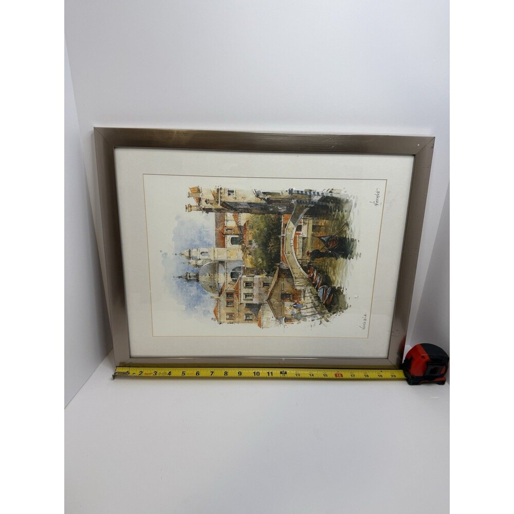 Framed Watercolor Signed print By Detlev Nitschke Venice canal and gondolier - Picture 2 of 3